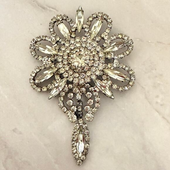 Vintage Flower Teardrop Rhinestone Silver Tone 2" Brooch Pin - Picture 1 of 5
